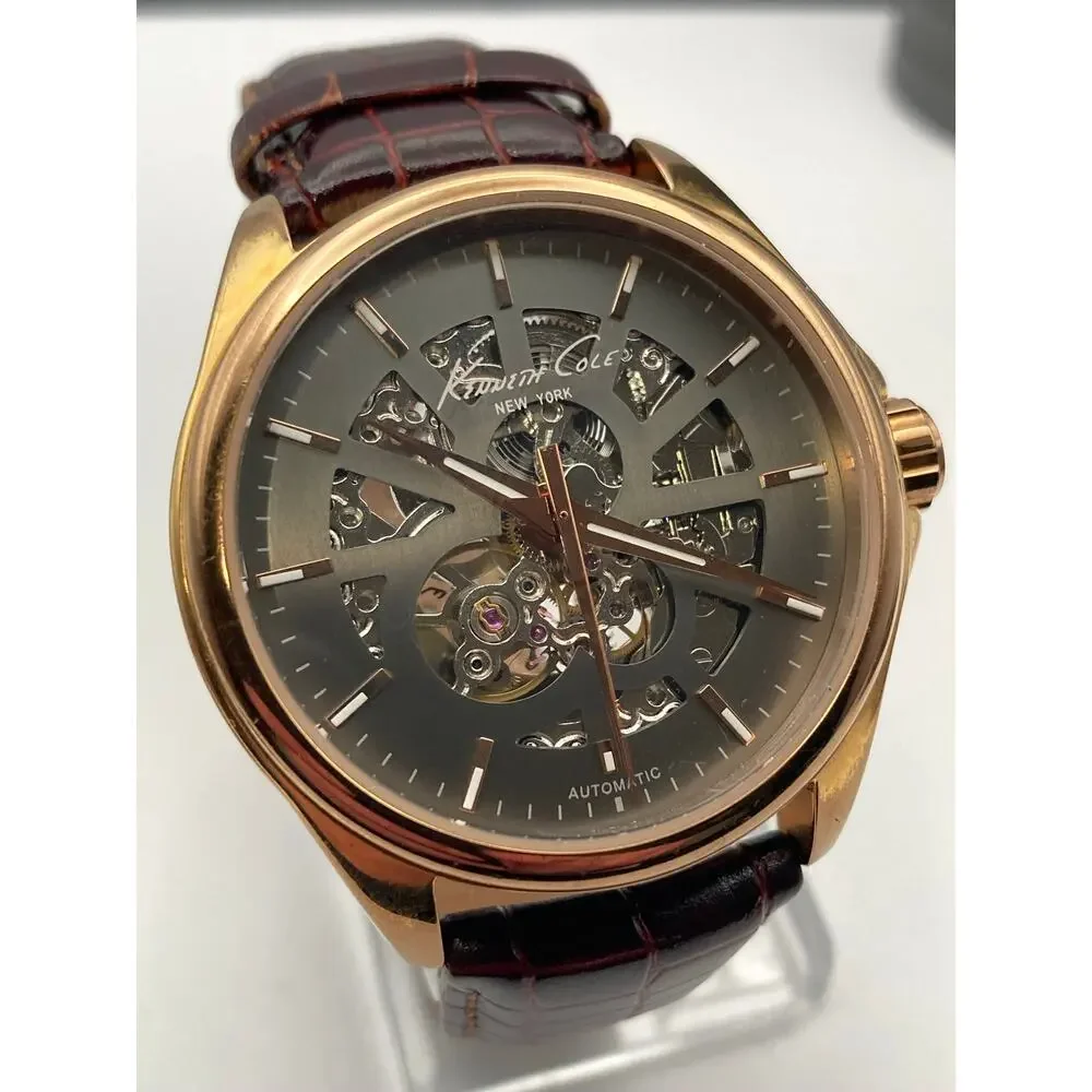 Kenneth Cole KC1549  Mens Automatic Watch 42mm Skeleton Back - WR  Leather Strap - Picture 7 of 13